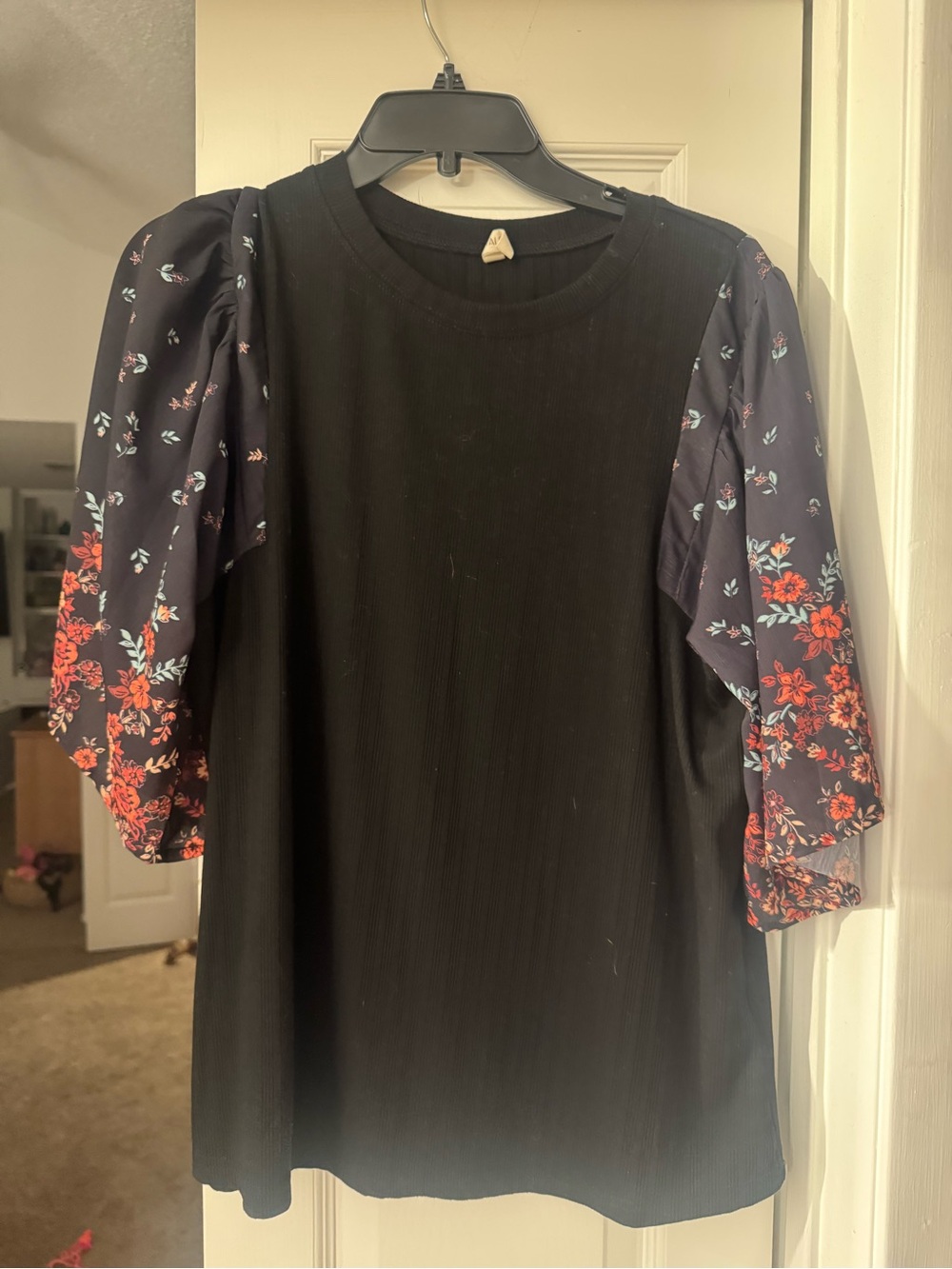Black Top with Floral Puff Sleeves - Women's